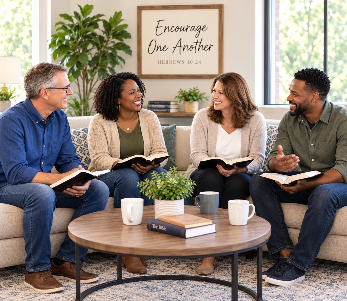 Adults enjoying conversation together in a welcoming home